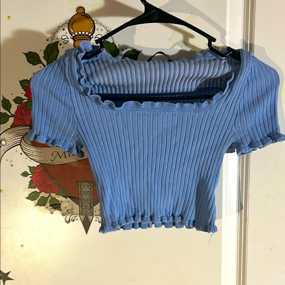 Blue Ribbed Ruffle Trim Top
